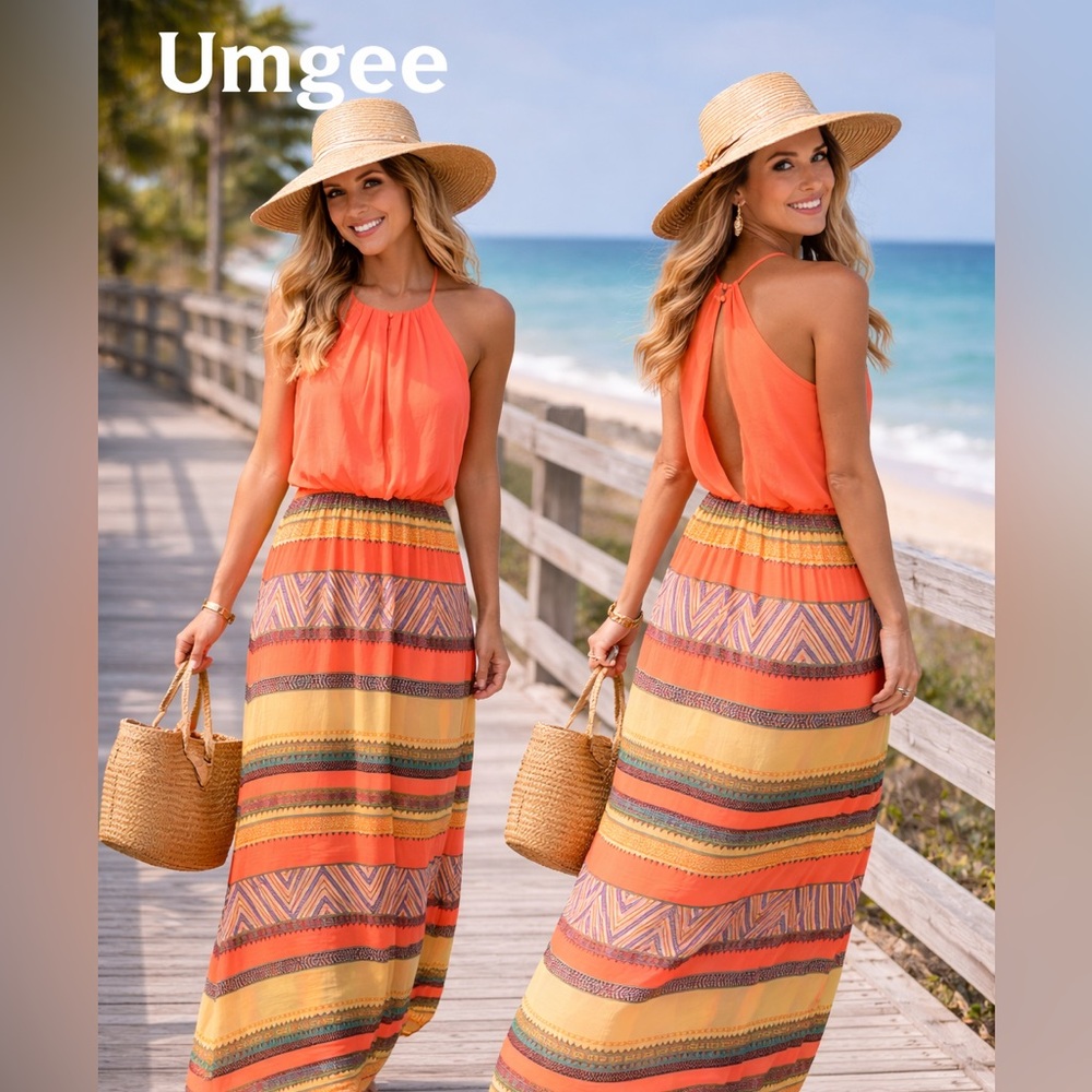Umgee Coral Halter Dress Boho Tribal Stripe Resort Vacation Beach Flowy Size M